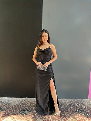 VESTIDO LONGO LUREX ESTILO SEREIA FENDA LATERAL ALÇA FINA COM REGULAGEM VERDE PRETO