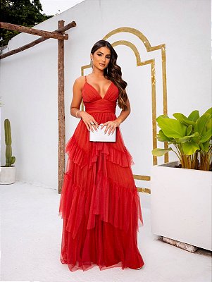 VESTIDO LONGO MICROTULE COM GLITTER ALÇA FINA SAIA COM BABADO EM CAMADAS TERRA COTA