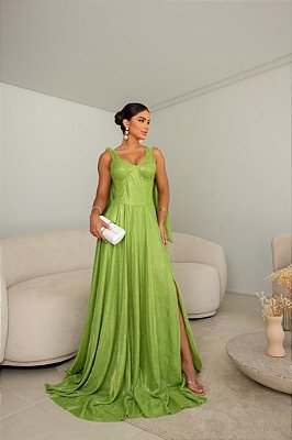 VESTIDO LONGO LUREX ESTILO CORPETE ALÇA COM AMARRAÇÃO VERDE OLIVA