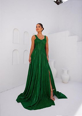 VESTIDO LONGO LUREX ESTILO CORPETE ALÇA COM AMARRAÇÃO VERDE FLORESTA