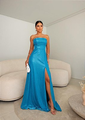 VESTIDO LONGO LUREX TOMARA QUE CAIA EM CORPET AZUL PISCINA