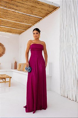 VESTIDO LONGO LUREX TOMARA QUE CAIA COM DRAPEADO BUSTO FUCSIA