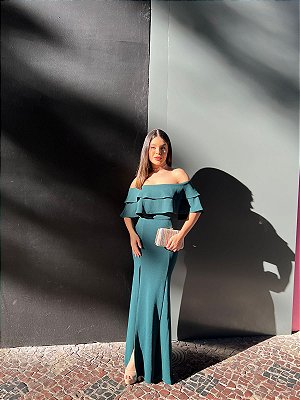 VESTIDO LONGO CREPE ESTILO SEREIA OMBRO A OMBRO VERDE ESMERALDA