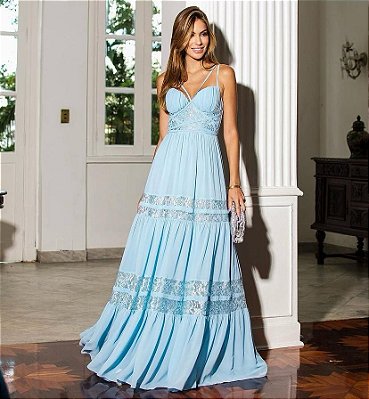VESTIDO LONGO CHIFFON ESTILO CORPETE DETALHE RENDA SAIA AZUL SERENITY