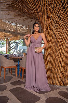 VESTIDO LONGO MICROTULE DRAPEADO CINTURA ALÇA FINA COM AMARRAÇÃO ROXO