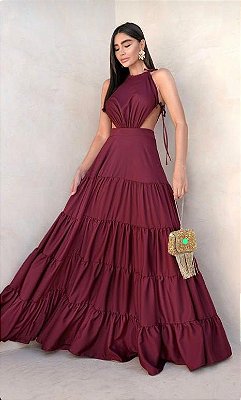 VESTIDO LONGO CREPE DE SEDA FRENTE UNICA SAIA EM CAMADAS ALÇA COM AMARRAÇÃO MARSALA