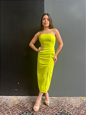 VESTIDO NEW MIDI TRICOLINHO DE ALCINHA FENDA DRAPEADO  VERDE LIMA