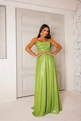 VESTIDO LONGO LUREX TOMARA QUE CAIA EM CORPET VERDE OLIVA