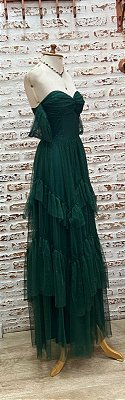 VESTIDO LONGO MICROTULLE CORPO ESTRUTURADO DCT CORAÇÃO C/ MANGUINHA E CAMADAS EM BAIXO VERDE ESCURO PL