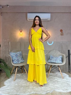 VESTIDO LONGO CREPE DE SEDA ALÇA FINA COM REGULAGEM SAIA EM CAMADAS AMARELO