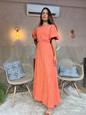VESTIDO LONGO LINHO MEIA MANGA COSTAS VAZADA COM AMARRAÇÃO CORAL