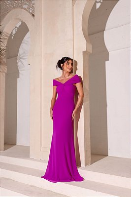 VESTIDO LONGO CREPE DE SEDA MIL FORMAS FUCSIA DOT