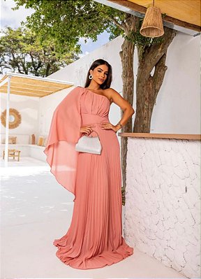 VESTIDO LONGO CREPE DE SEDA UM OMBRO SO ESTILO CAPA SAIA PLISSADA ROSE