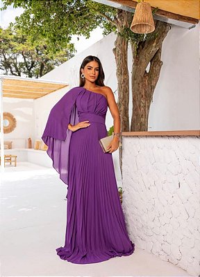VESTIDO LONGO CREPE DE SEDA UM OMBRO SO ESTILO CAPA SAIA PLISSADA ROXO