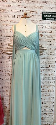 VESTIDO LONGO CHIFFON BUSTO DRAPEADO E TULE ALÇA FINA COM CAPA VERDE MENTA PR