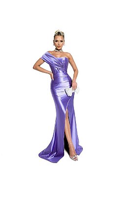 VESTIDO LONGO CETIM COM TOQUE DE SEDA ESTILO SEREIA FENDA LATERAL LAVANDA
