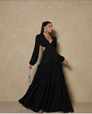 VESTIDO LONGO CREPE DE SEDA MANGA LONGA CINTURA E COSTAS VAZADA SAIA EM CAMADAS PRETO MB