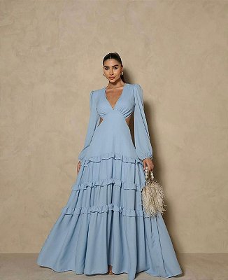 VESTIDO LONGO CREPE DE SEDA MANGA LONGA CINTURA E COSTAS VAZADA SAIA EM CAMADAS AZUL SERENITY MB