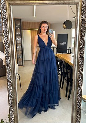 VESTIDO LONGO MICROTULE SAIA COM DETALHE DE BABADOS TRANÇA CINTURA AZUL MARINHO