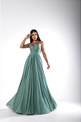 VESTIDO LONGO MICROTULE COM GLITTER TOMARA QUE CAIA DRAPEADO BUSTO VERDE MENTA BI