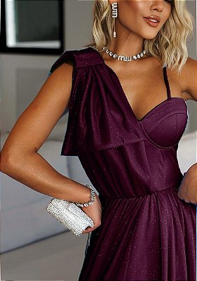 VESTIDO LONGO MICROTULE COM GLITTER UM OMBRO SO ESTILO CORPETE DETALHE LAÇO MARSALA