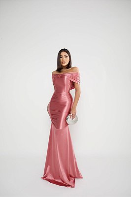 VESTIDO LONGO CETIM COM TOQUE DE SEDA OMBRO A OMBRO ESTILO SEREIA ROSA CANELA