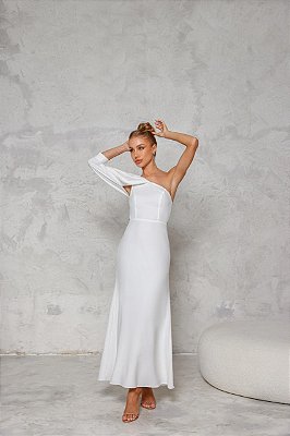 VESTIDO NEW MIDI UM OMBRO SO MANGA BUFANTE COSTAS EM AMARRAÇÃO BRANCO