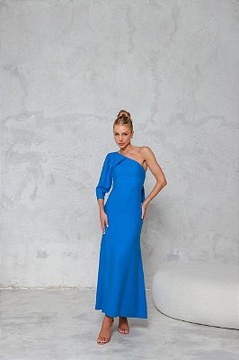 VESTIDO NEW MIDI UM OMBRO SO MANGA BUFANTE COSTAS EM AMARRAÇÃO AZUL ROYAL