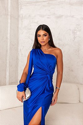 VESTIDO LONGO JERSEY UM OMBRO SÓ MANGA LONGA VAZADA DETALHE BUSTO FENDA LATERAL AZUL ROYAL