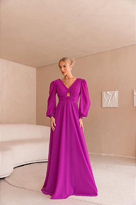VESTIDO LONGO CREPE DE SEDA M/L VAZADO BUSTO DECOTE COSTAS EM V FUCSIA