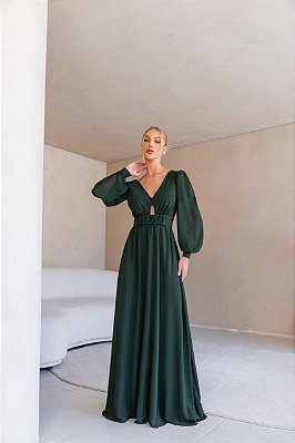 VESTIDO LONGO CREPE DE SEDA M/L VAZADO BUSTO DECOTE COSTAS EM V VERDE MILITAR