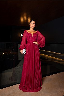 VESTIDO LONGO MICROTULE C/GLITTER MANGA LONGA SAIA PLISSADA DECOTE EM TULE MARSALA