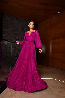 VESTIDO LONGO MICROTULE C/GLITTER MANGA LONGA SAIA PLISSADA DECOTE EM TULE FUCSIA
