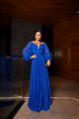 VESTIDO LONGO MICROTULE C/GLITTER MANGA LONGA SAIA PLISSADA DECOTE EM TULE AZUL ROYAL