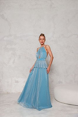 VESTIDO LONGO LUREX FRENTE UNICA COM DECOTE ALONGADO DETALHE DE BABADO AZUL SERENITY DOT