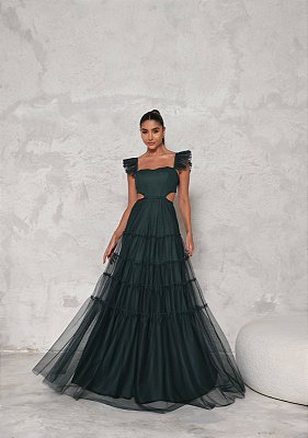 VESTIDO LONGO ESTILO CORPET COM ABERTURA NAS LATERAIS SAIA EM CAMADAS VERDE MUSGO