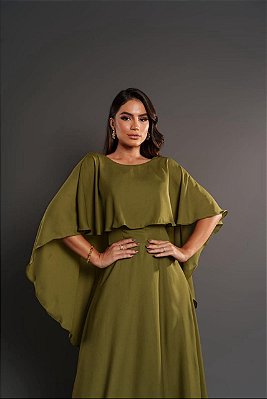 VESTIDO LONGO CREPE MANGA CAPA VERDE OLIVA