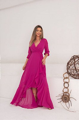 VESTIDO LONGO CREPE DE SEDA MANGA LONGA BABADO FUCSIA