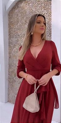 VESTIDO LONGO CREPE DE SEDA MANGA LONGA BABADO MARSALA