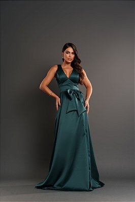 VESTIDO LONGO ZIBELINE ALÇA LARGA DETALHE LAÇO DECOTE V  FENDA LATERAL VERDE PETROLÉO