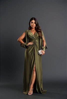 VESTIDO LONGO PRADA C/ELASTANO ML VAZADA DETALHE DRAPEADO BUSTO FENDA LATERAL VERDE OLIVA