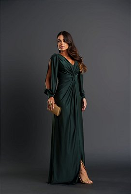 VESTIDO LONGO PRADA C/ELASTANO ML VAZADA DETALHE DRAPEADO BUSTO FENDA LATERAL VERDE ESMERALDA