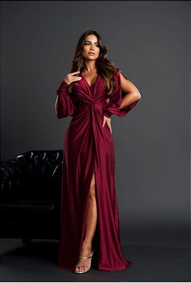 VESTIDO LONGO PRADA C/ELASTANO ML VAZADA DETALHE DRAPEADO BUSTO FENDA LATERAL MARSALA