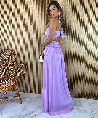 VESTIDO LONGO MICROTULE DE ALCINHA LILÁS