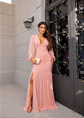 VESTIDO LONGO MICROTULE MANGA LONGA DRAPEADO SAIA ESTILO SEREIA ROSÊ