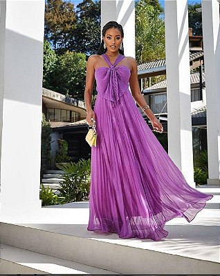 VESTIDO LONGO MICROTULE COM GLITTER TODO PLISSADO FRENTE UNICA ROXO