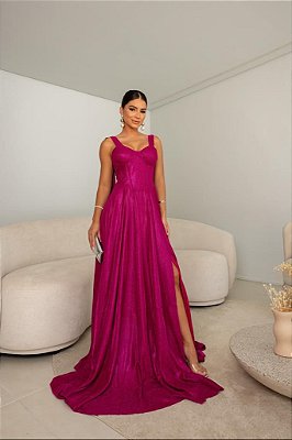 VESTIDO LONGO LUREX ESTILO CORPETE ALÇA COM AMARRAÇÃO FUCSIA
