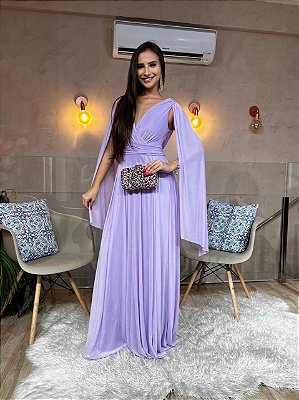 VESTIDO LONGO MICROTULE MANGA CAPA DECOTE TRANSPASSADO LILÁS
