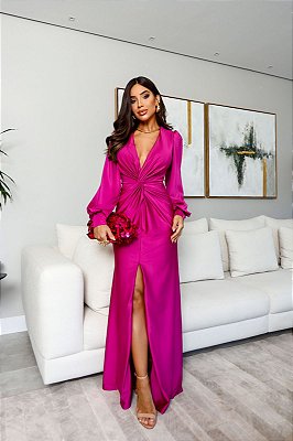 VESTIDO LONGO PRADA C/ELASTANO MANGA LONGA DETALHE DRAPEADO NO BUSTO E COSTAS FENDA PINK