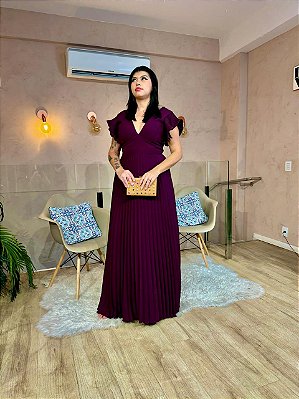 VESTIDO LONGO CREPE SAIA E MANGUINHA PLISSADA DECOTE EM V MARSALA